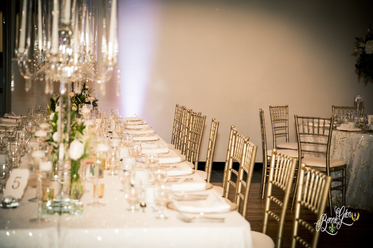Long banquet tables set in the Bonnie Glen Pavilion hall.